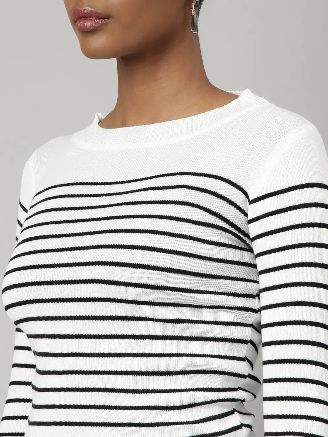 Women's White Horizontal Stripes Fitted Top
