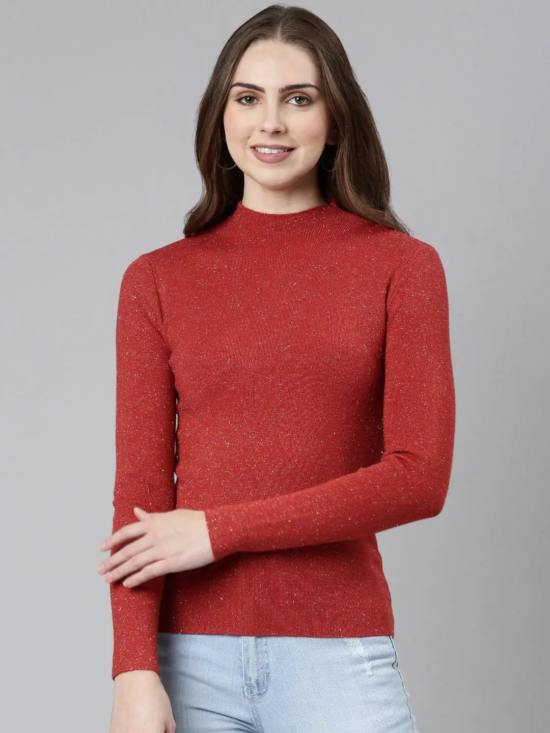 Women's High Neck Solid Regular Red Top