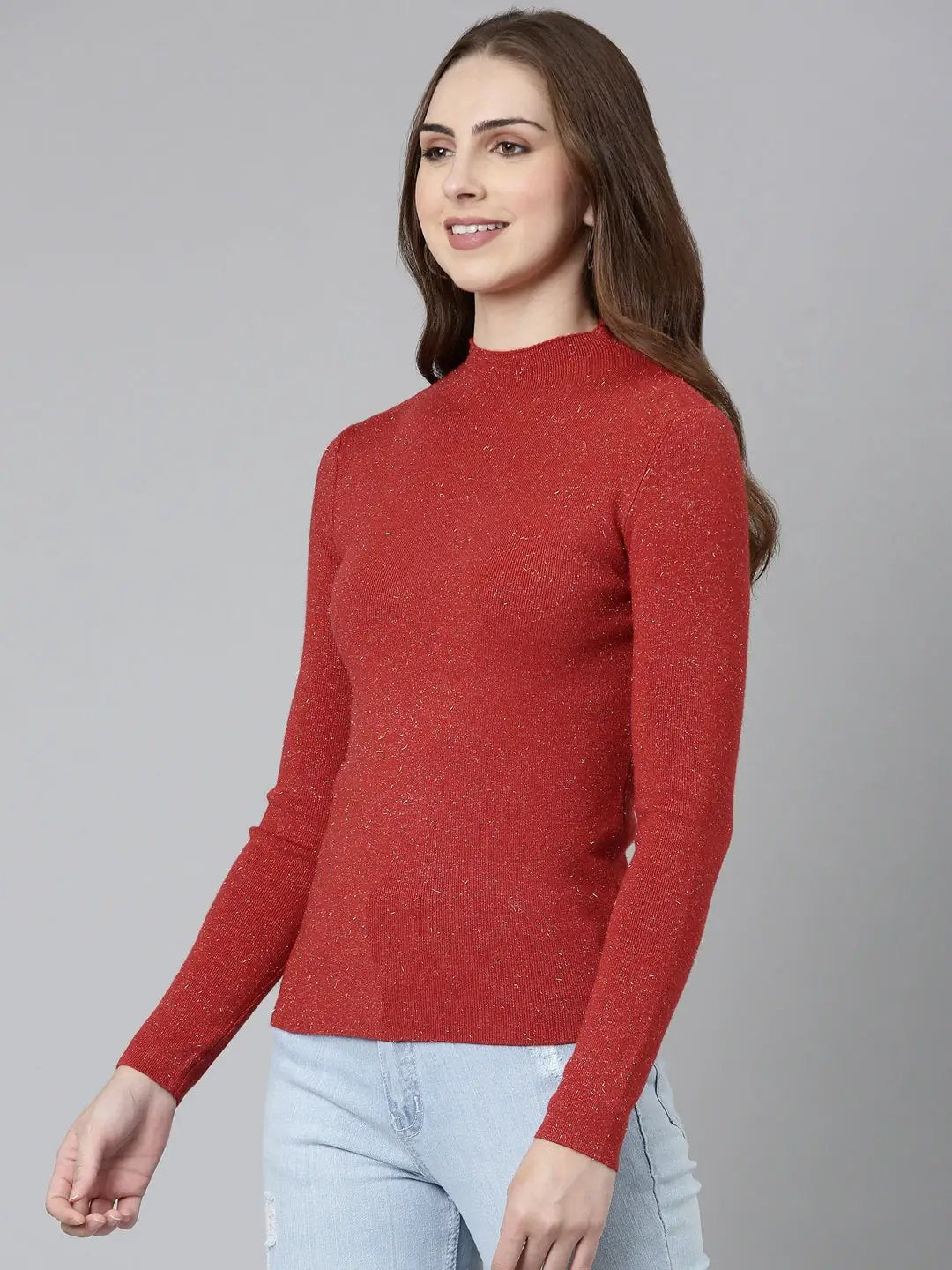 Women's High Neck Solid Regular Red Top