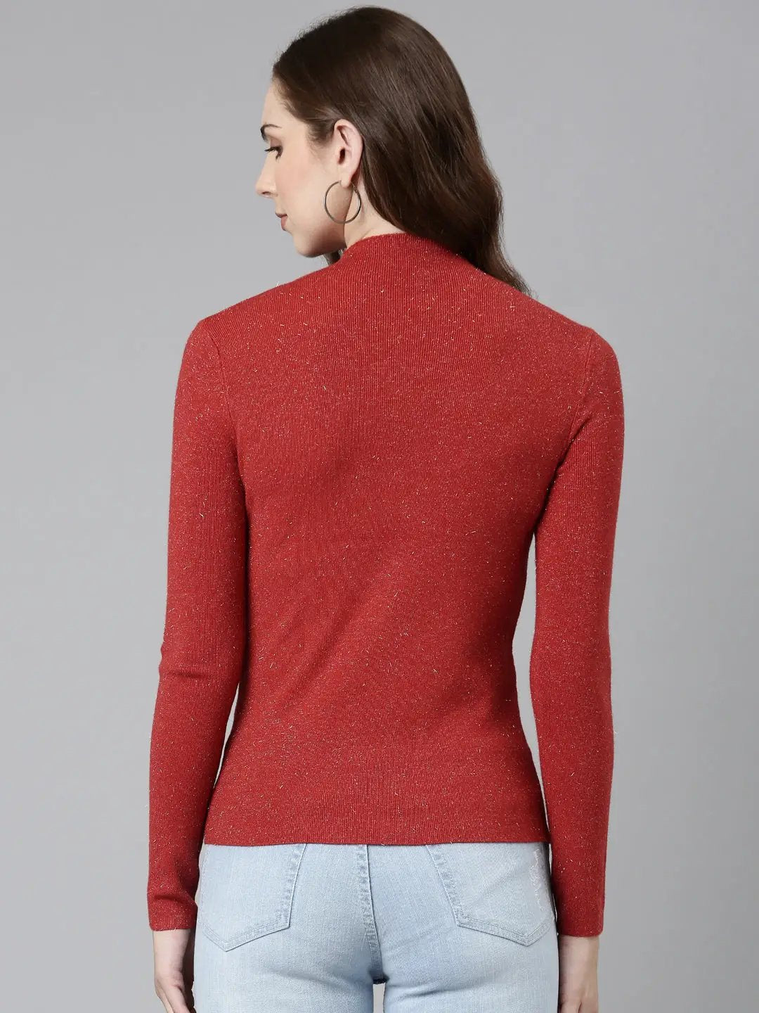 Women's High Neck Solid Regular Red Top
