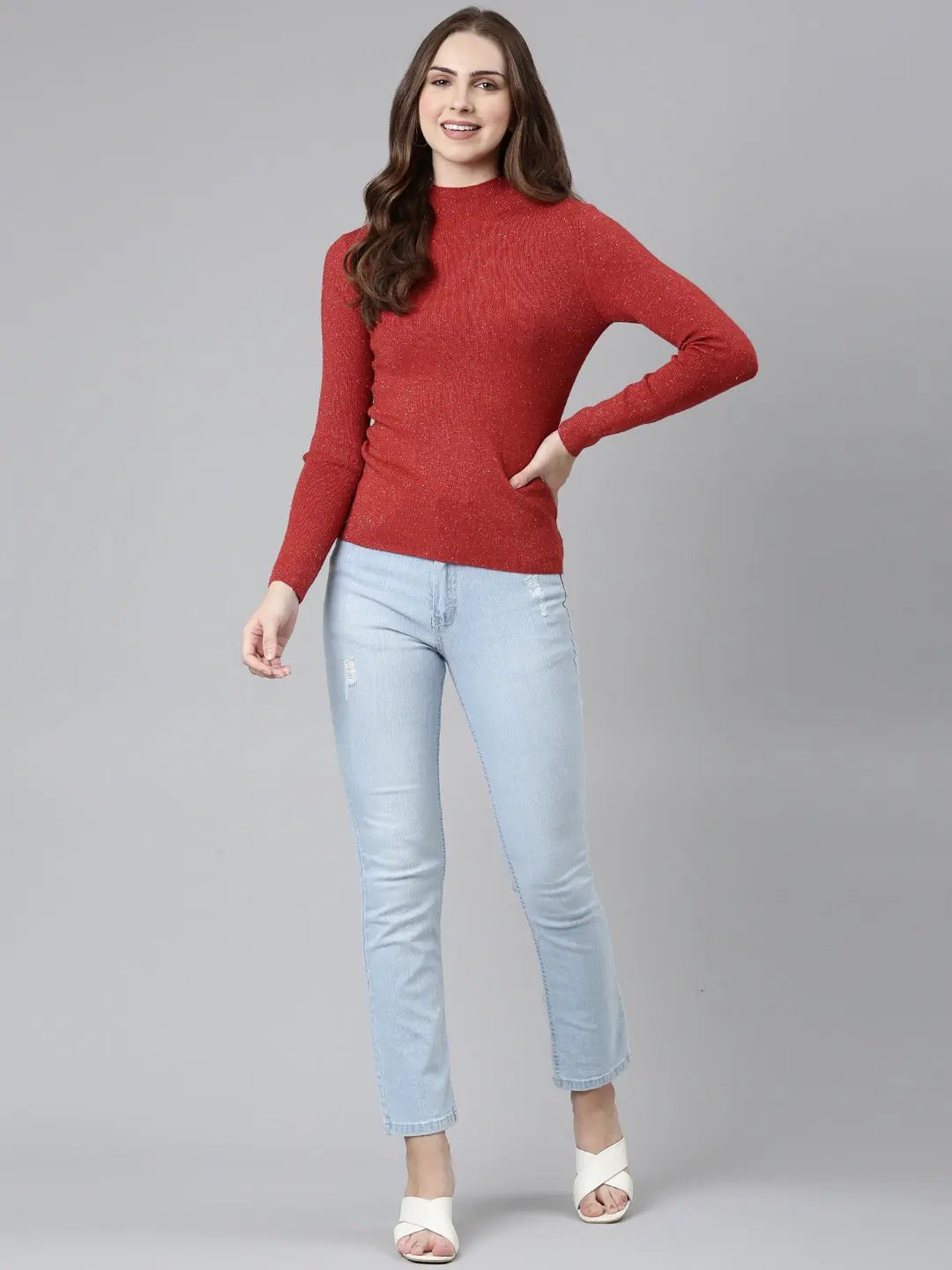 Women's High Neck Solid Regular Red Top