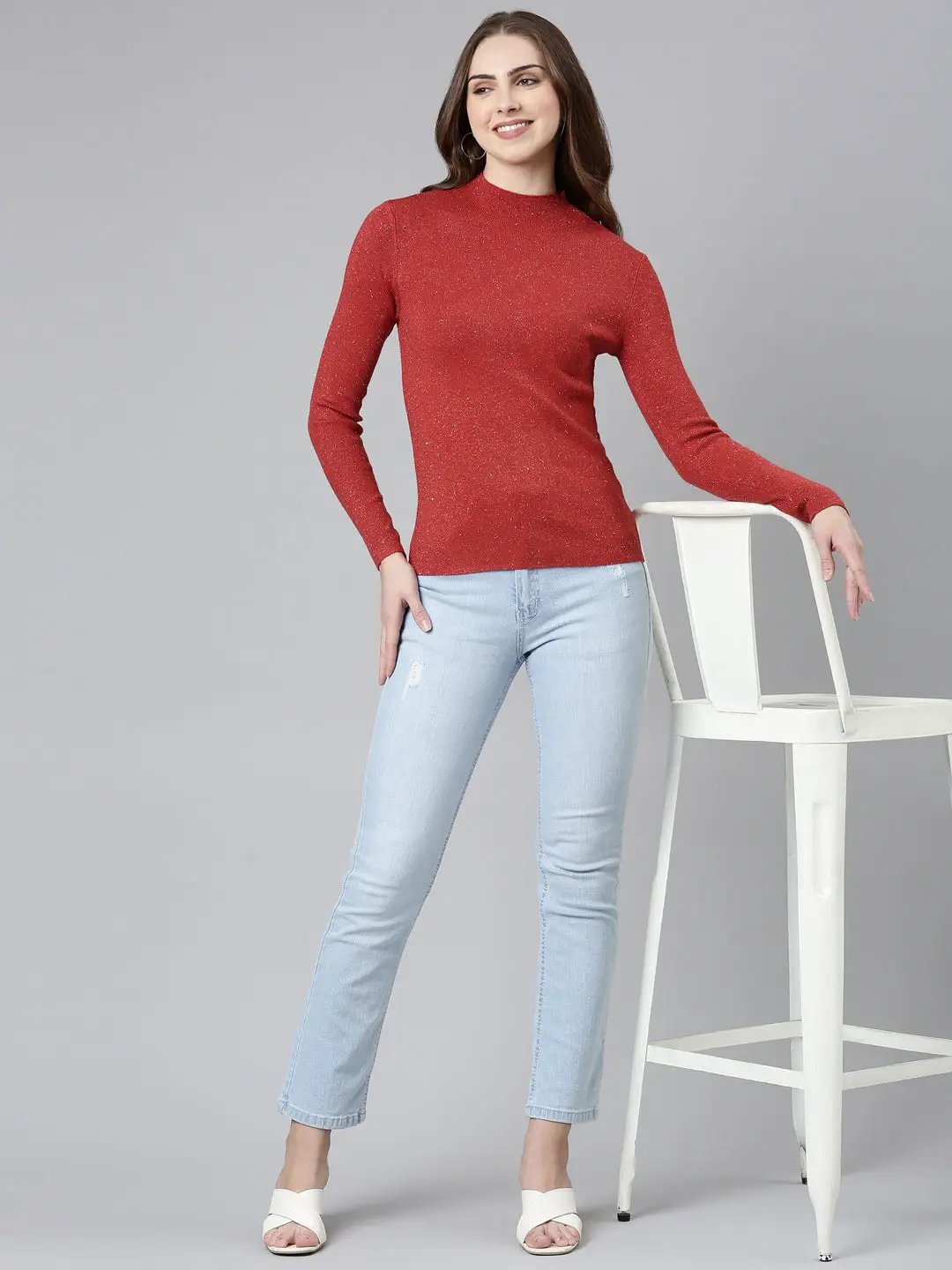 Women's High Neck Solid Regular Red Top