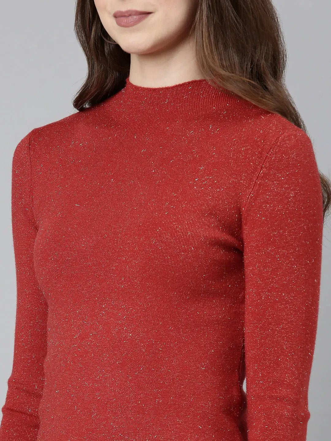 Women's High Neck Solid Regular Red Top