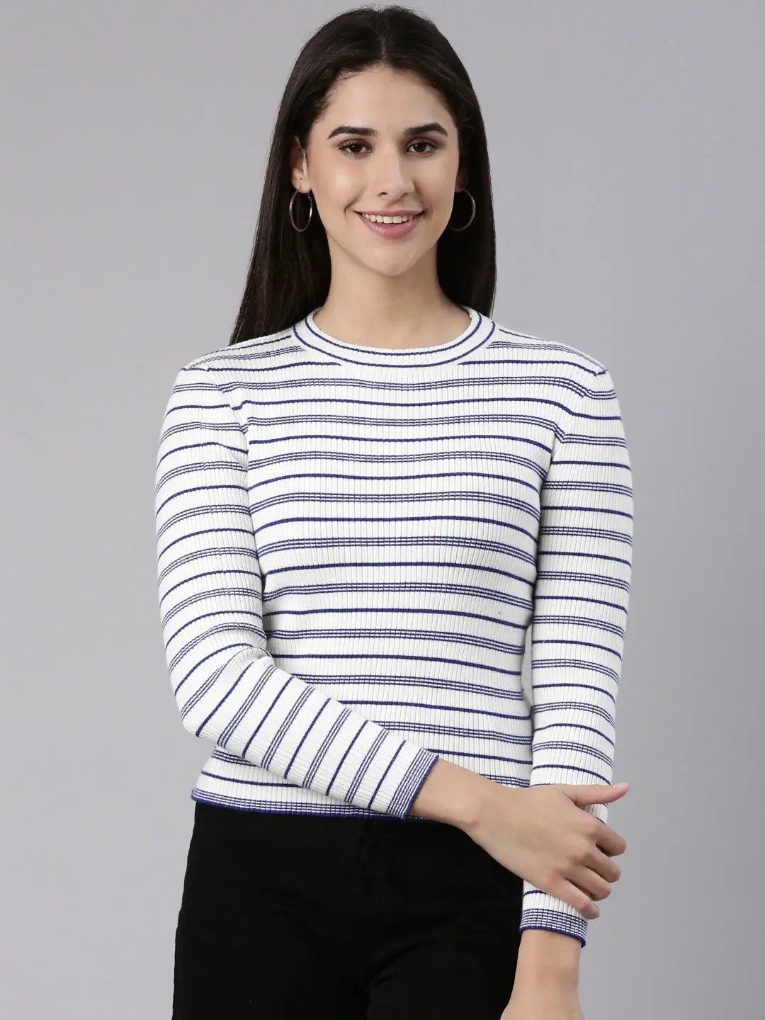 Women's Round Neck Striped Regular White Top