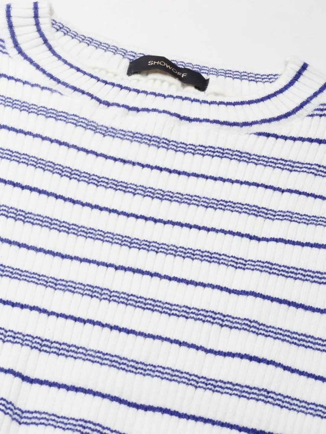 Women's Round Neck Striped Regular White Top