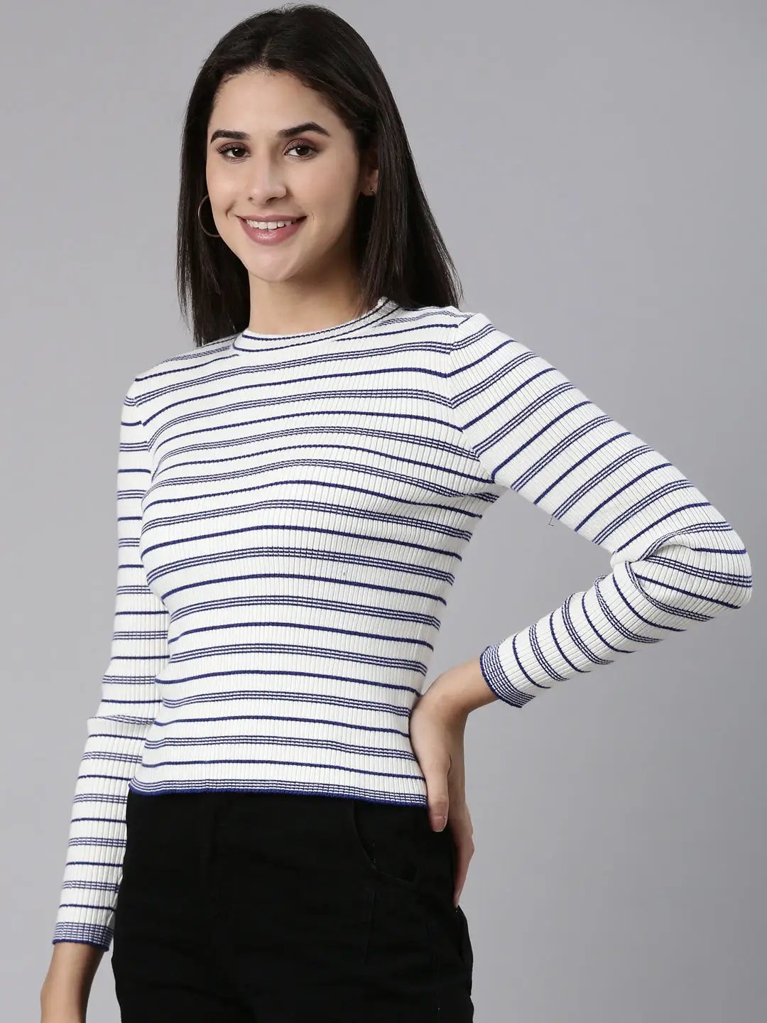 Women's Round Neck Striped Regular White Top