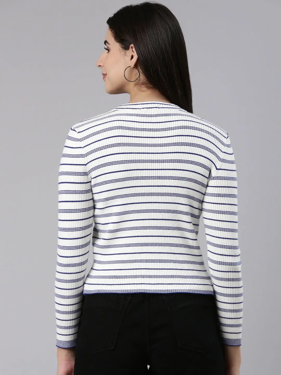 Women's Round Neck Striped Regular White Top