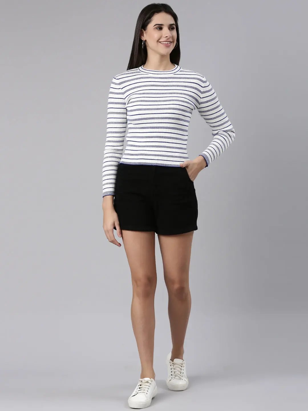 Women's Round Neck Striped Regular White Top