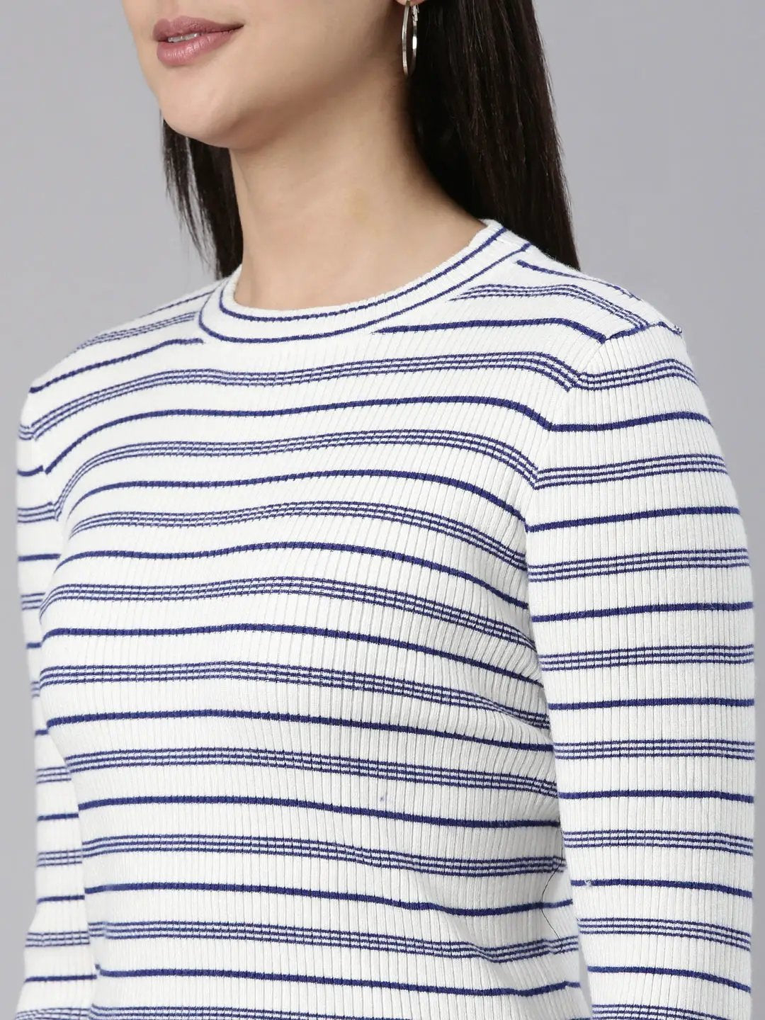 Women's Round Neck Striped Regular White Top