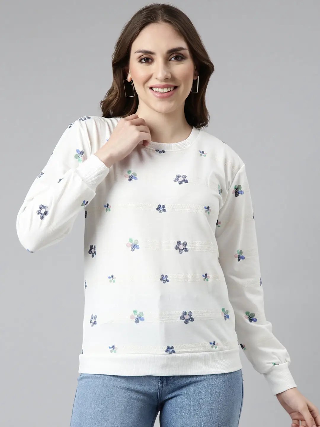 Women's White Floral Pullover Sweatshirt