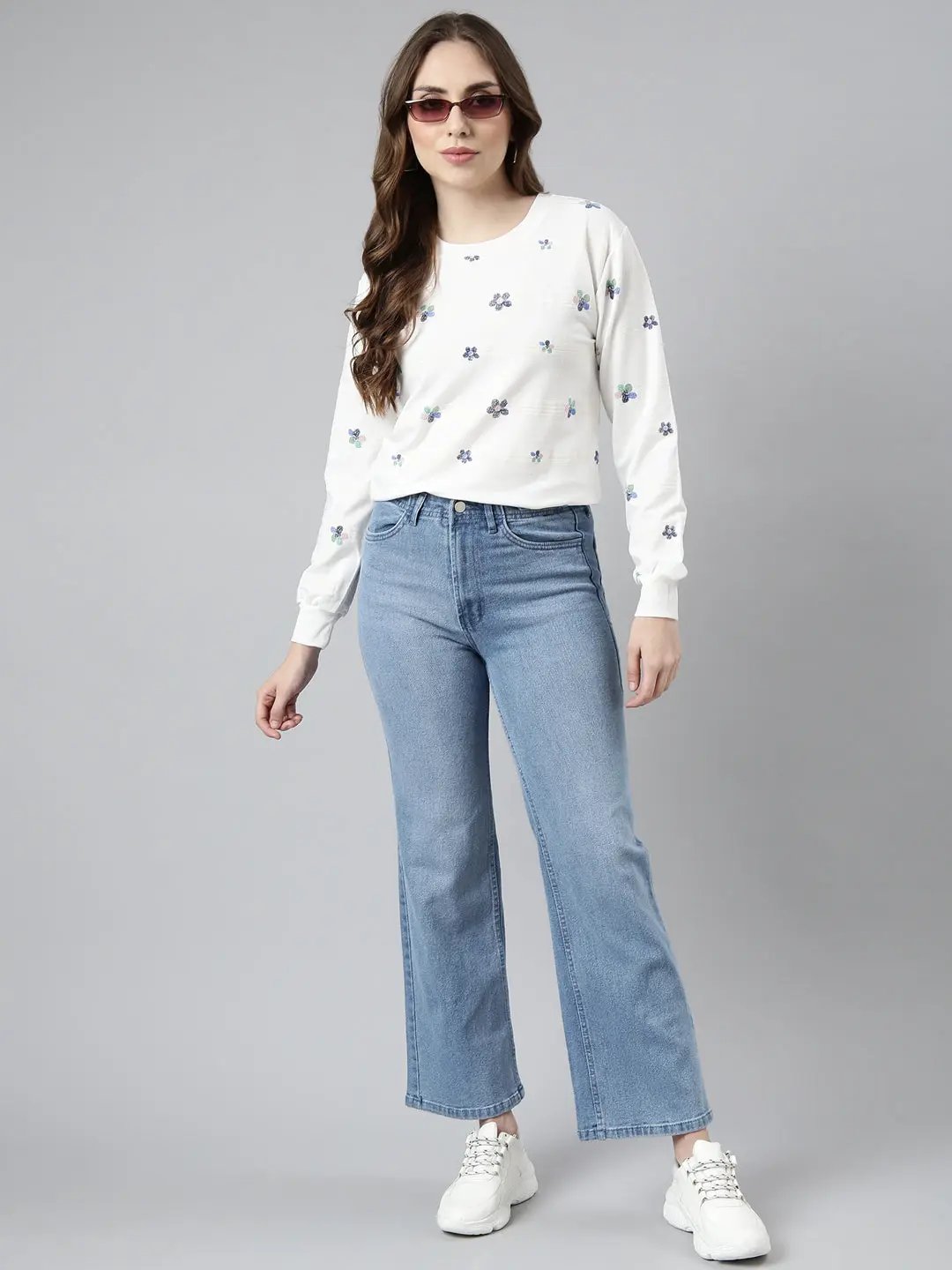 Women's White Floral Pullover Sweatshirt