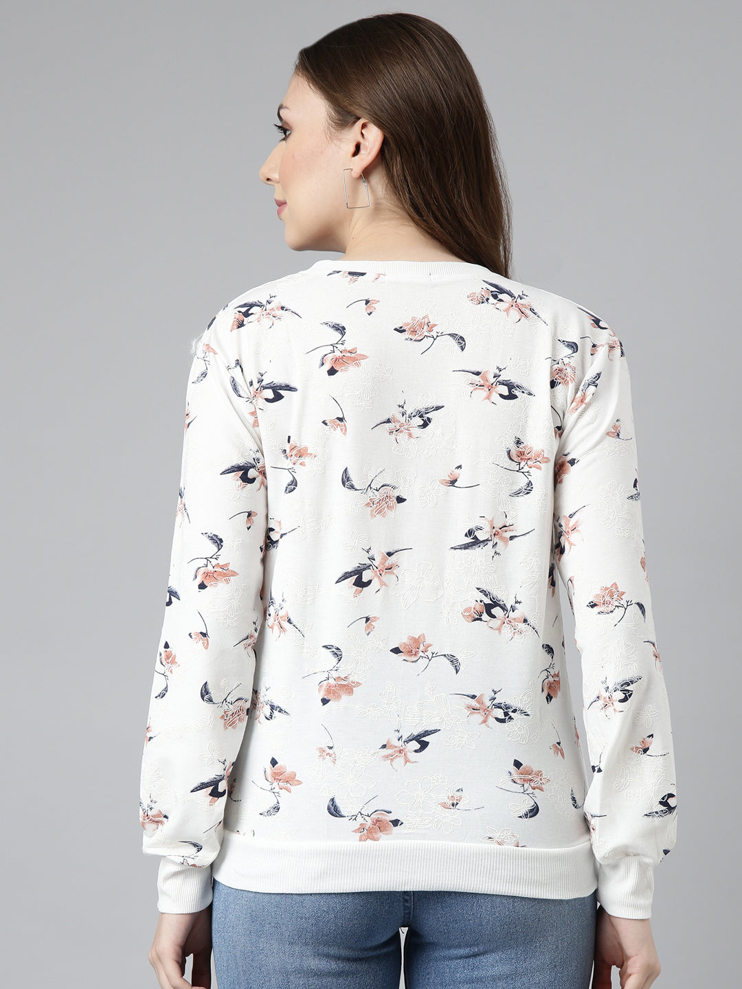 Women White Floral Pullover Sweatshirt