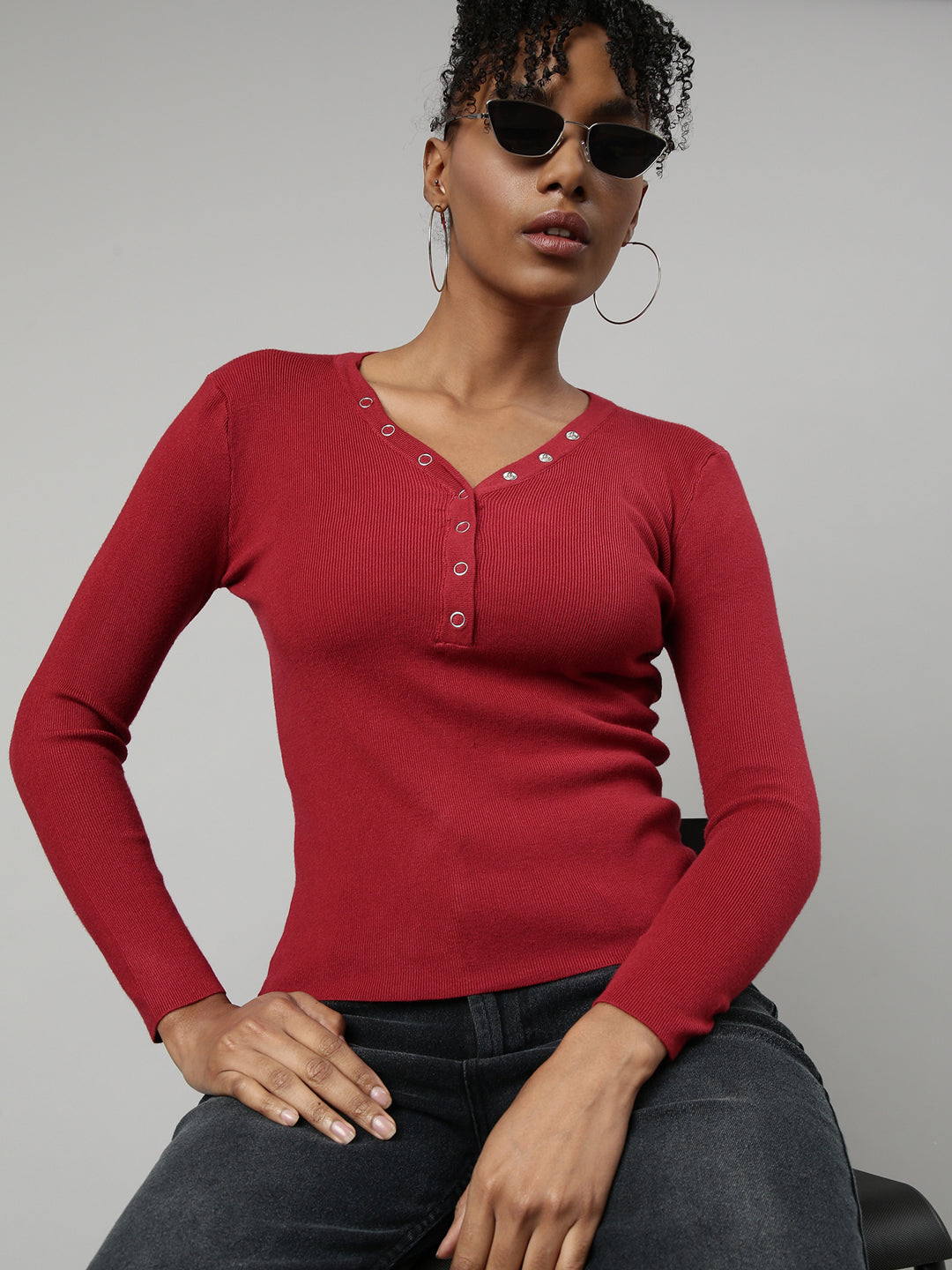 Women Maroon Solid Fitted Top