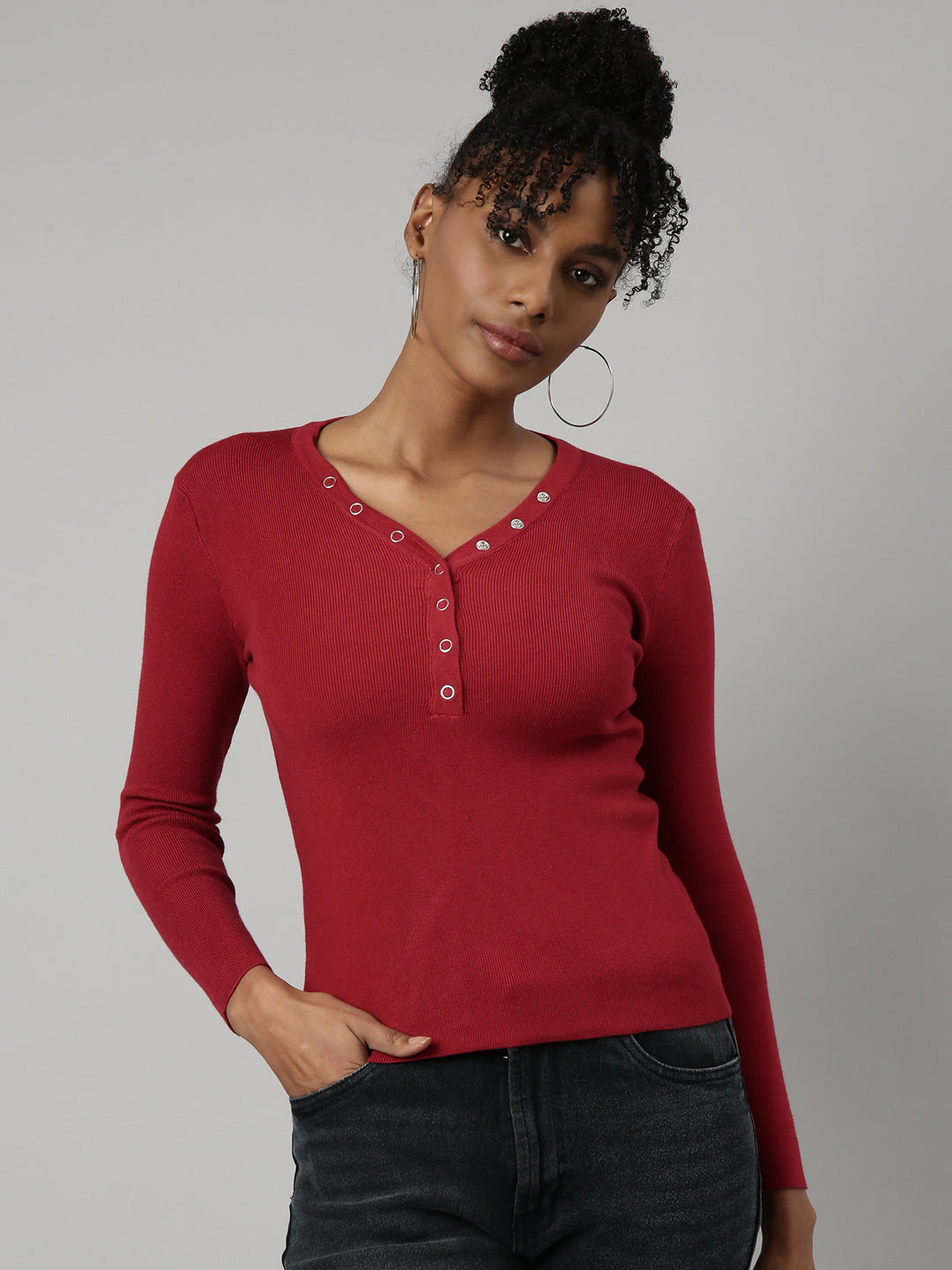 Women Maroon Solid Fitted Top