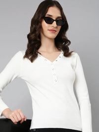 Women's White V-Neck Long Sleeves Top