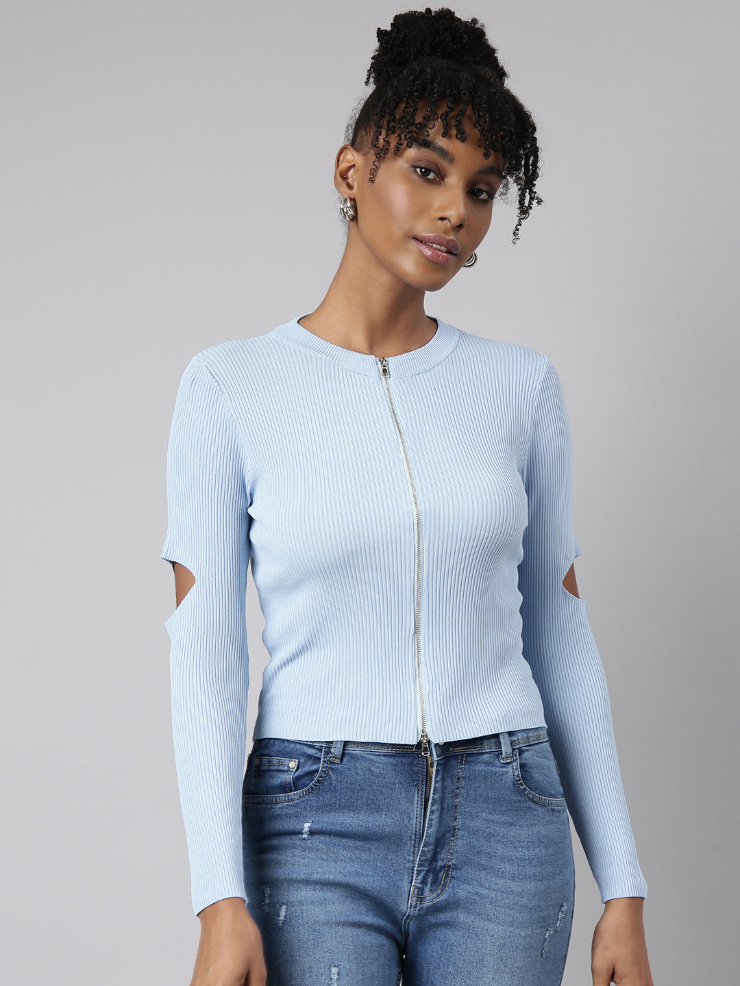 Women Blue Solid Fitted Top