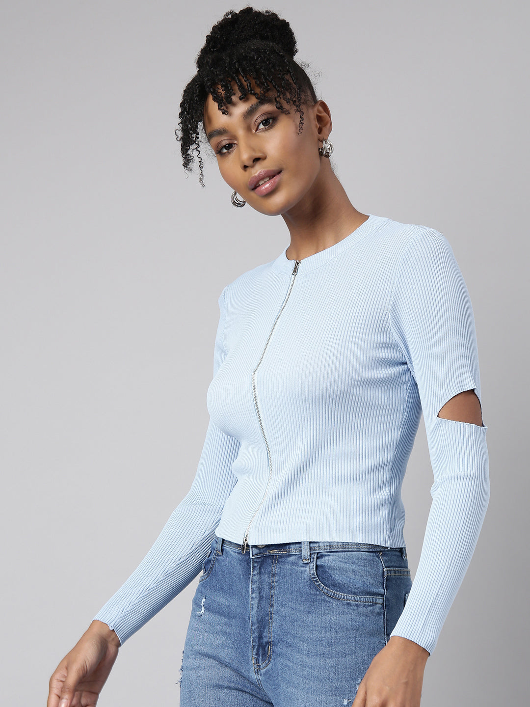 Women Blue Solid Fitted Top