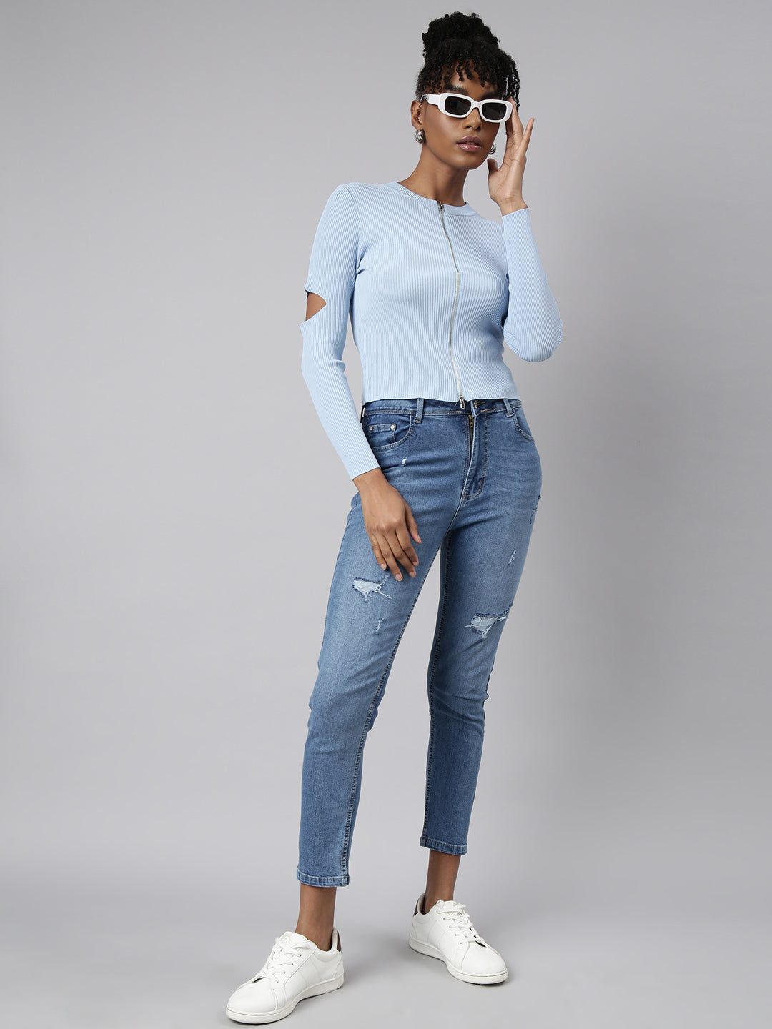 Women Blue Solid Fitted Top