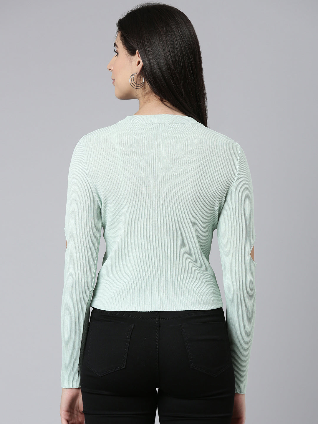 Round Neck Solid Regular Sea Green Top