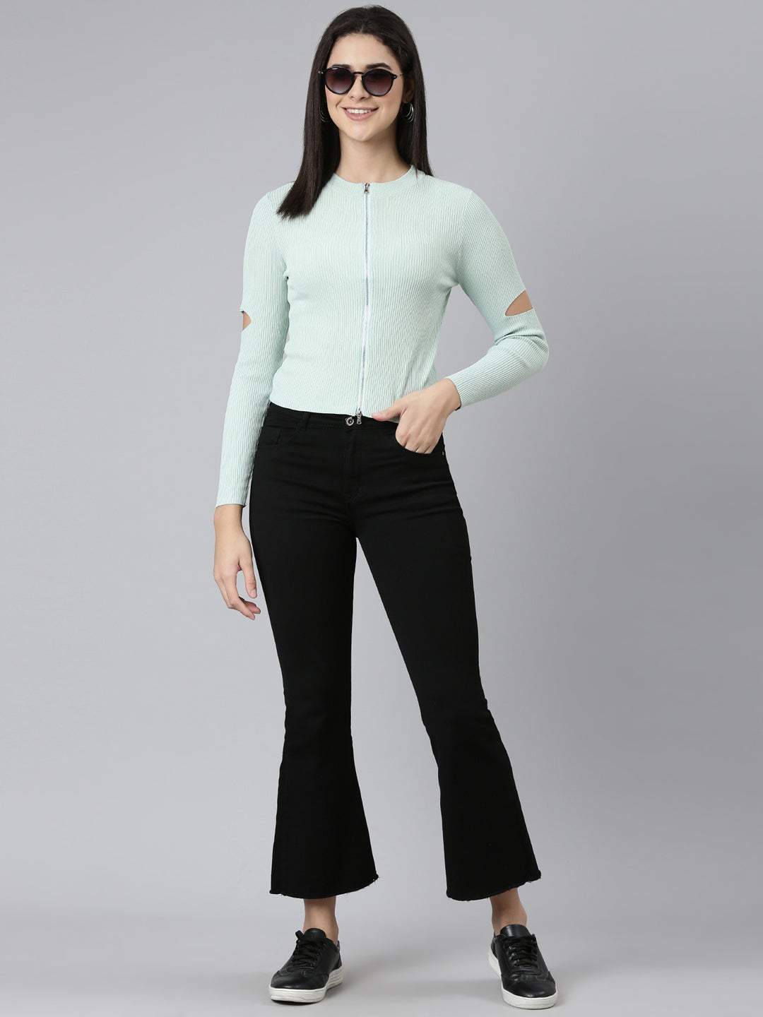 Round Neck Solid Regular Sea Green Top