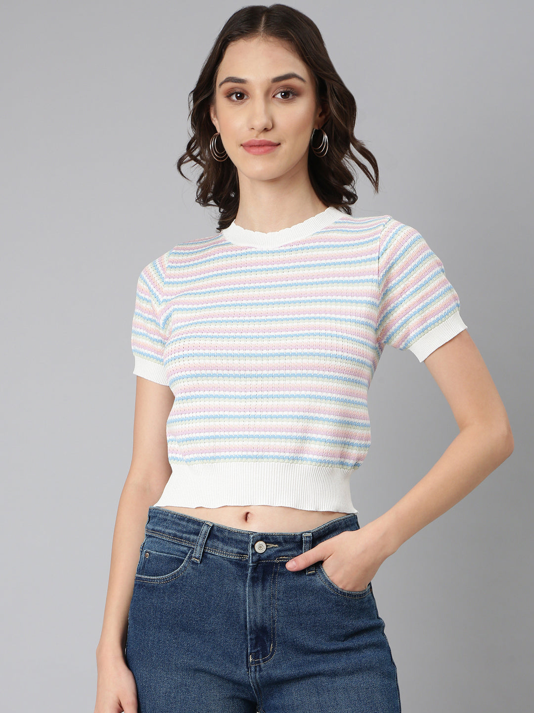 Women's Pink Textured Fitted Crop Top