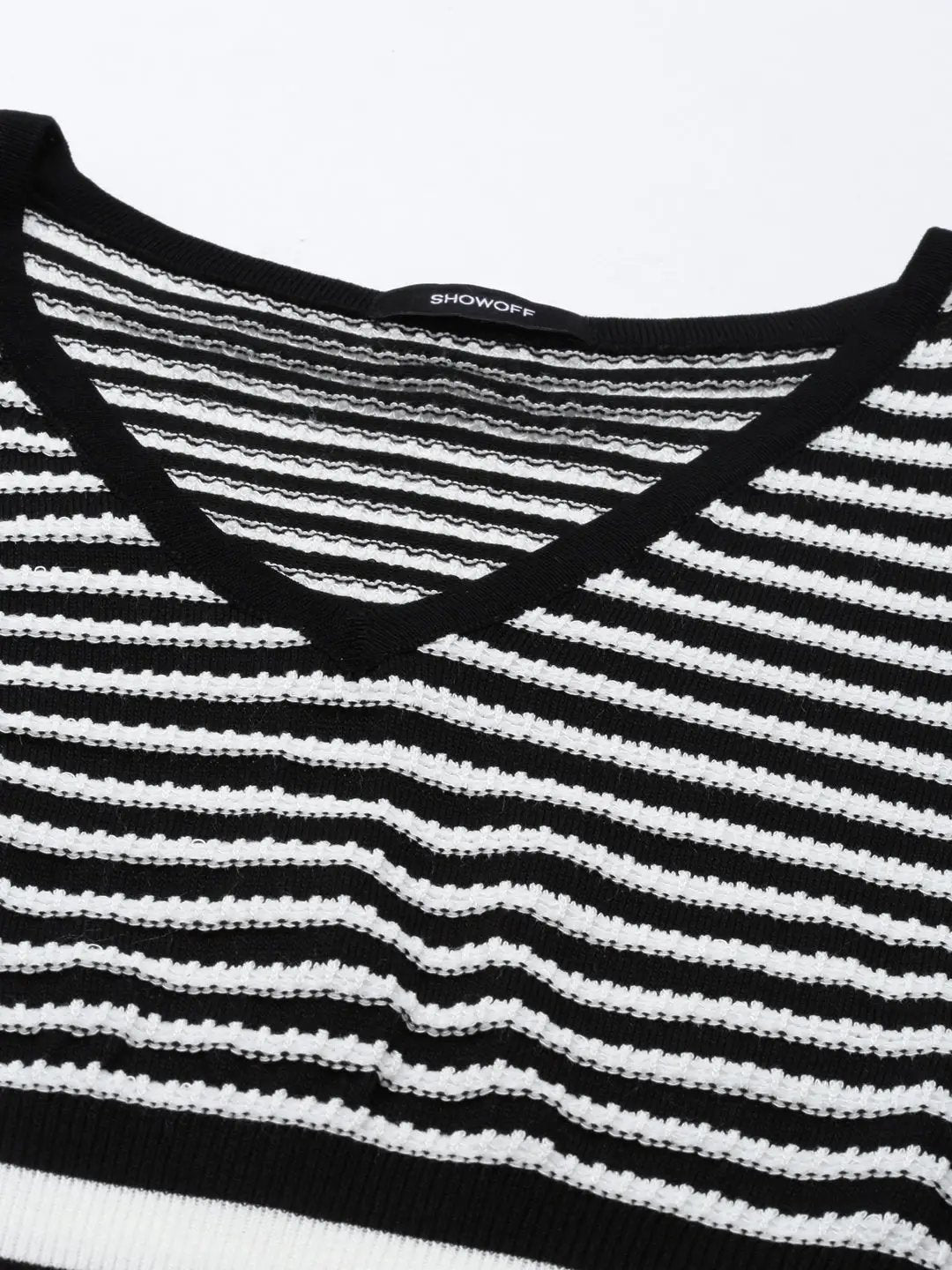 Women's V-Neck Striped Regular Black Top