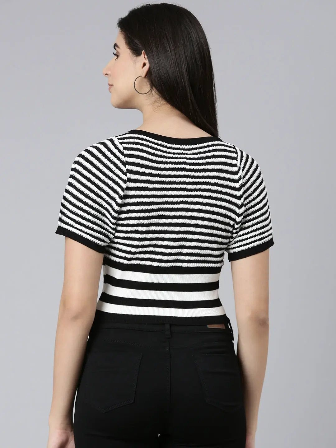 Women's V-Neck Striped Regular Black Top