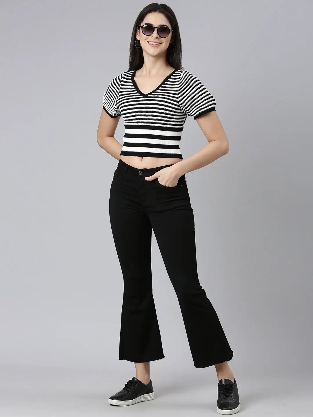 Women's V-Neck Striped Regular Black Top