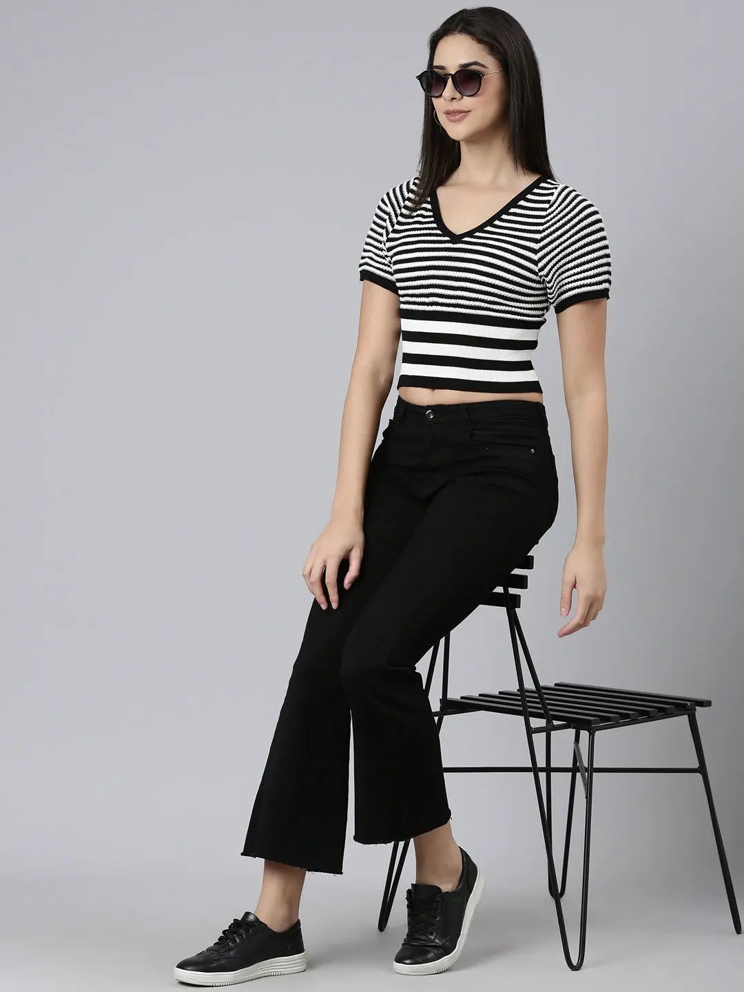 Women's V-Neck Striped Regular Black Top