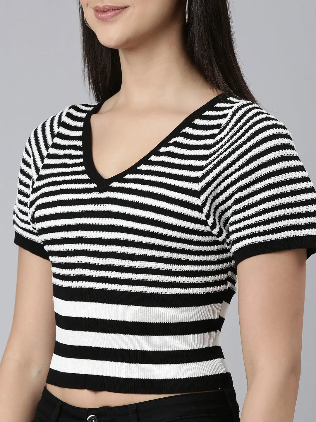 Women's V-Neck Striped Regular Black Top