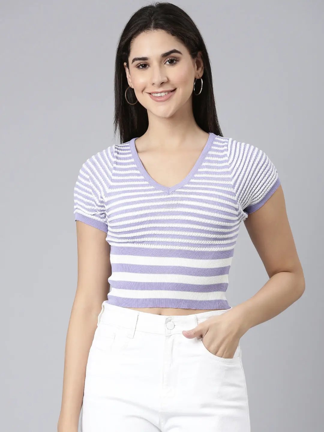 Women's V-Neck Striped Lavender Crop Top