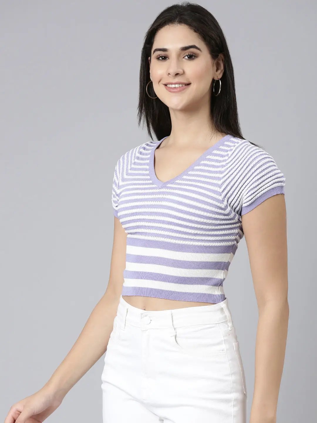 Women's V-Neck Striped Lavender Crop Top
