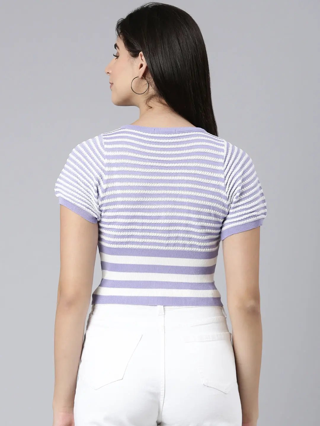 Women's V-Neck Striped Lavender Crop Top