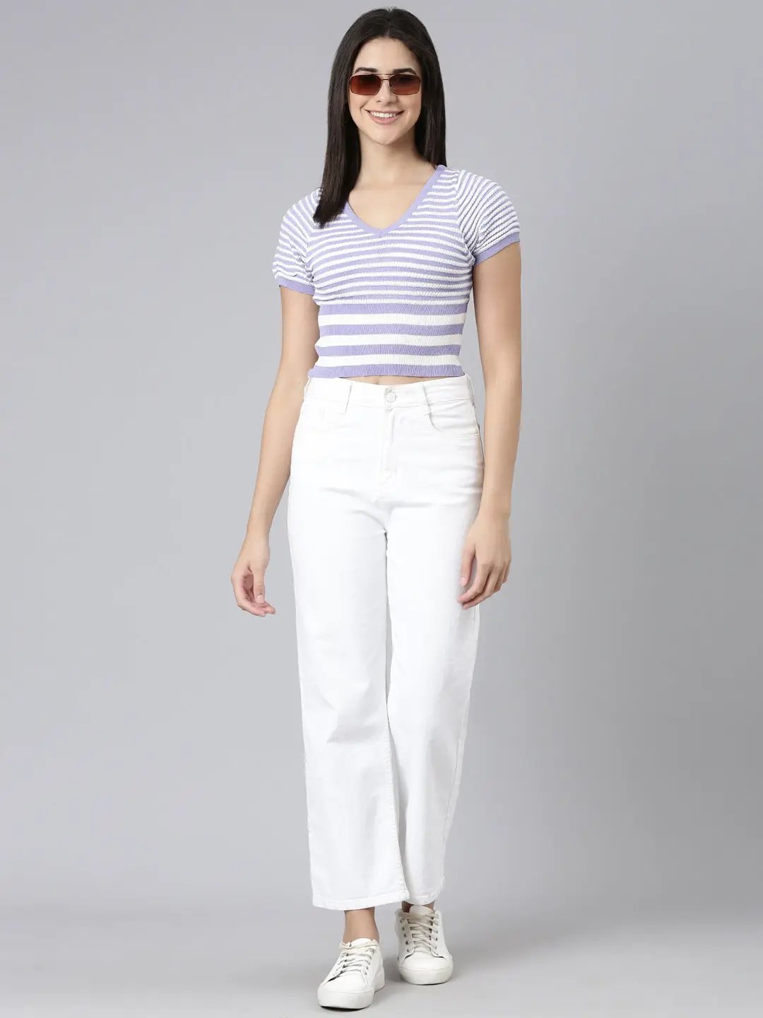 Women's V-Neck Striped Lavender Crop Top