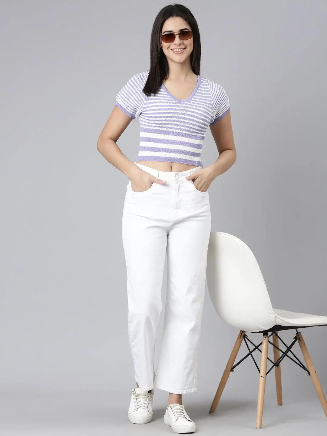 Women's V-Neck Striped Lavender Crop Top