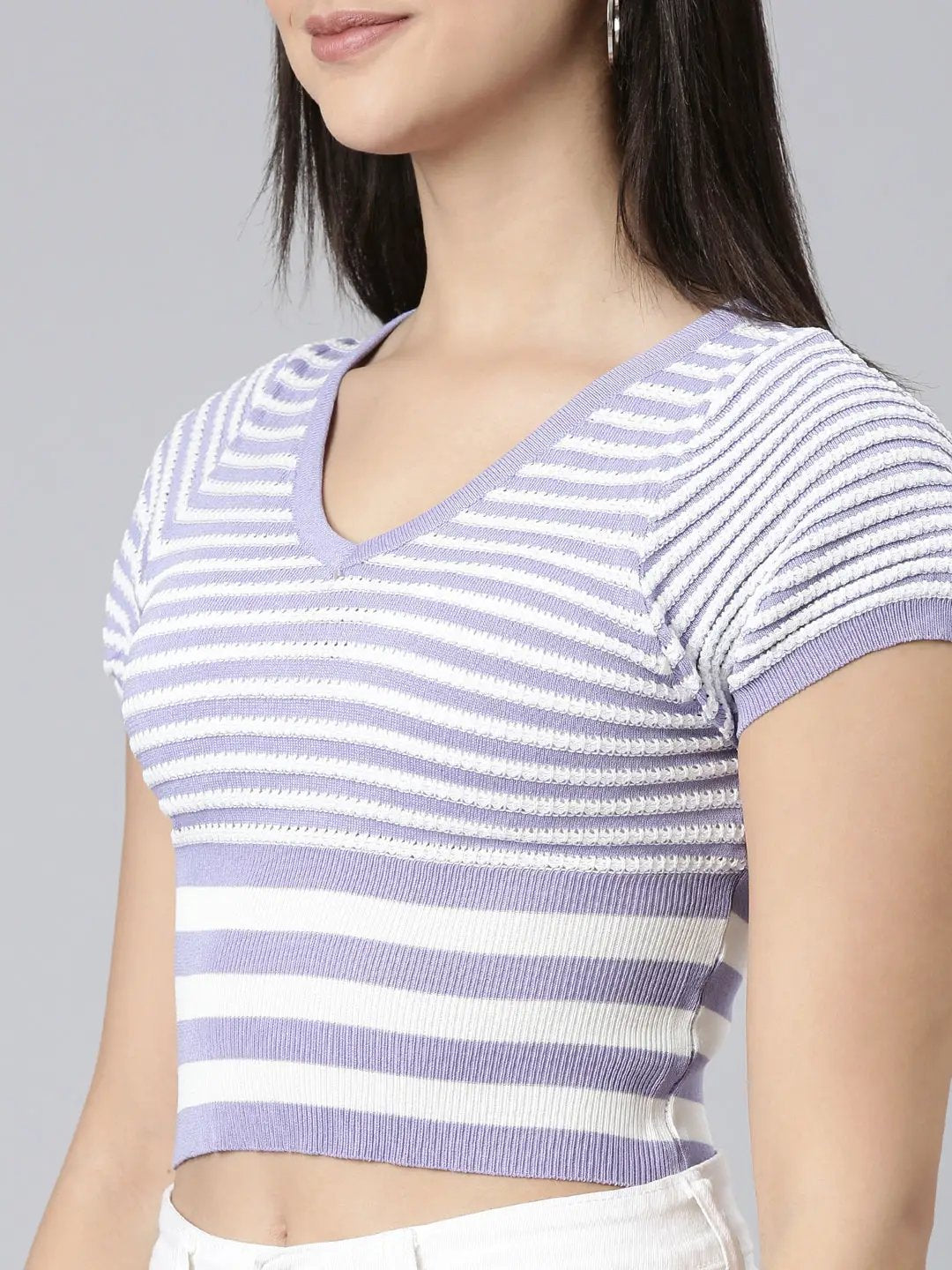 Women's V-Neck Striped Lavender Crop Top