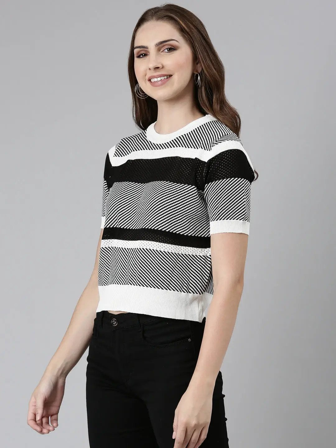 Women's Round Neck Striped White Regular Top