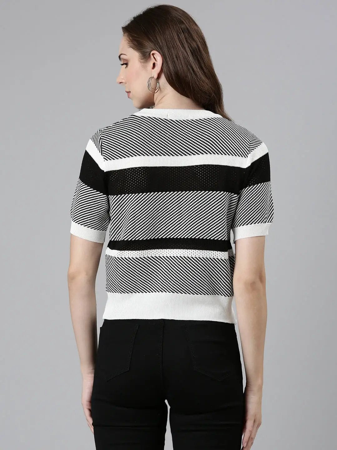 Women's Round Neck Striped White Regular Top