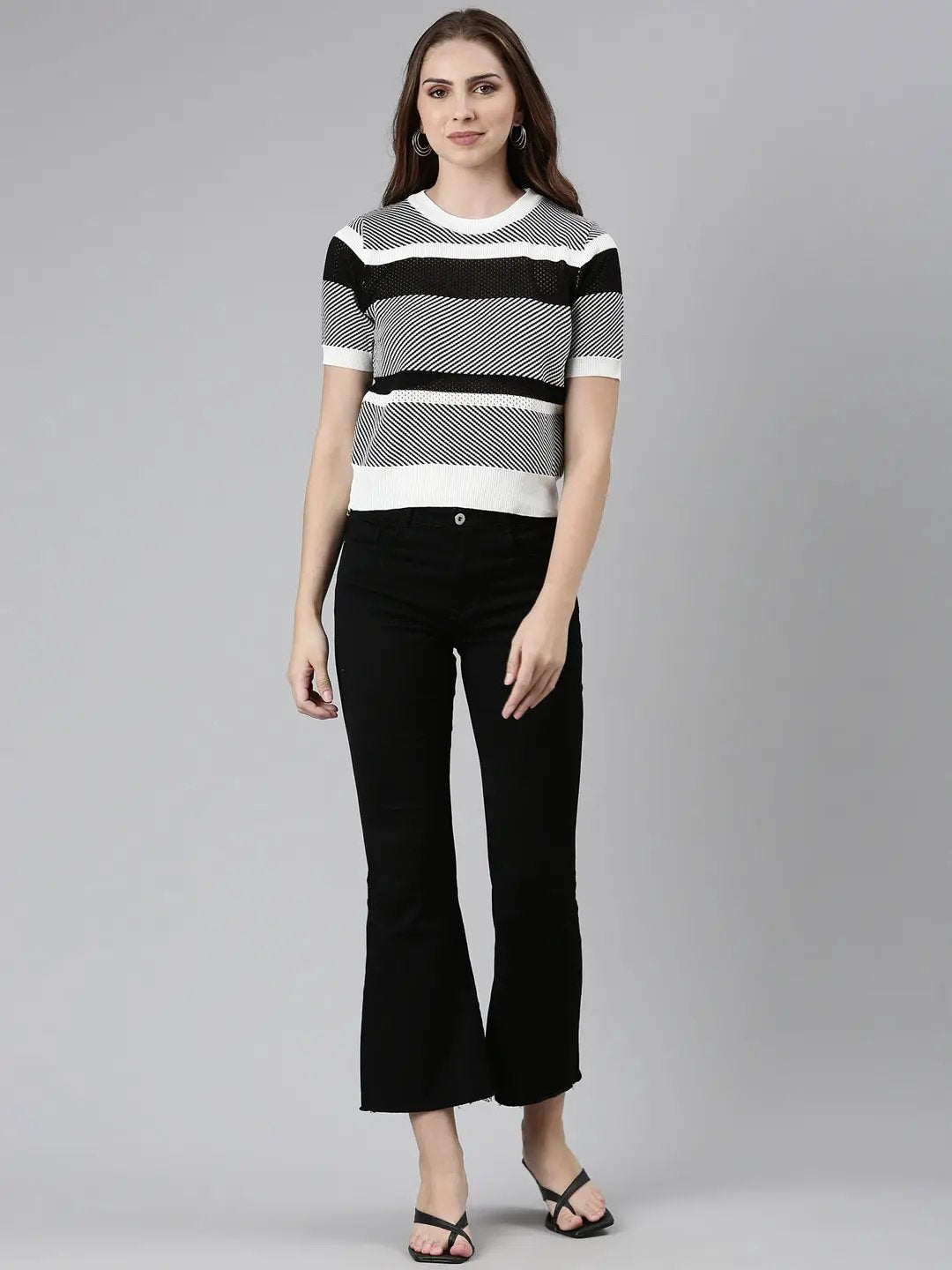 Women's Round Neck Striped White Regular Top