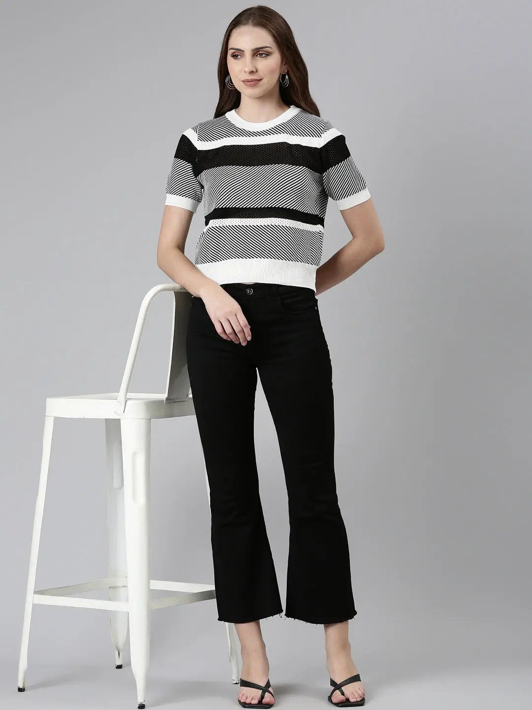 Women's Round Neck Striped White Regular Top