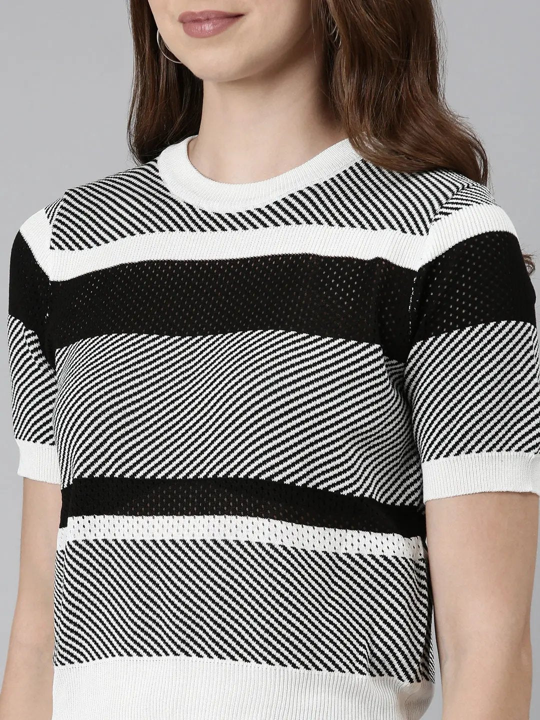 Women's Round Neck Striped White Regular Top
