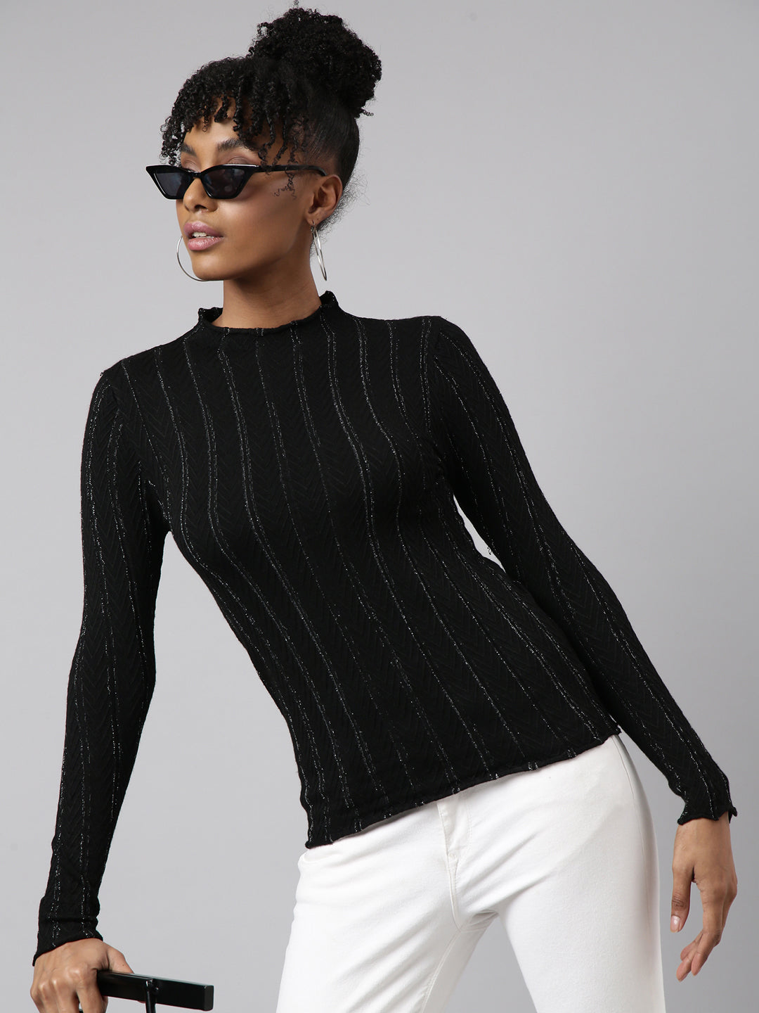 Women Black Vertical Stripes Fitted Top