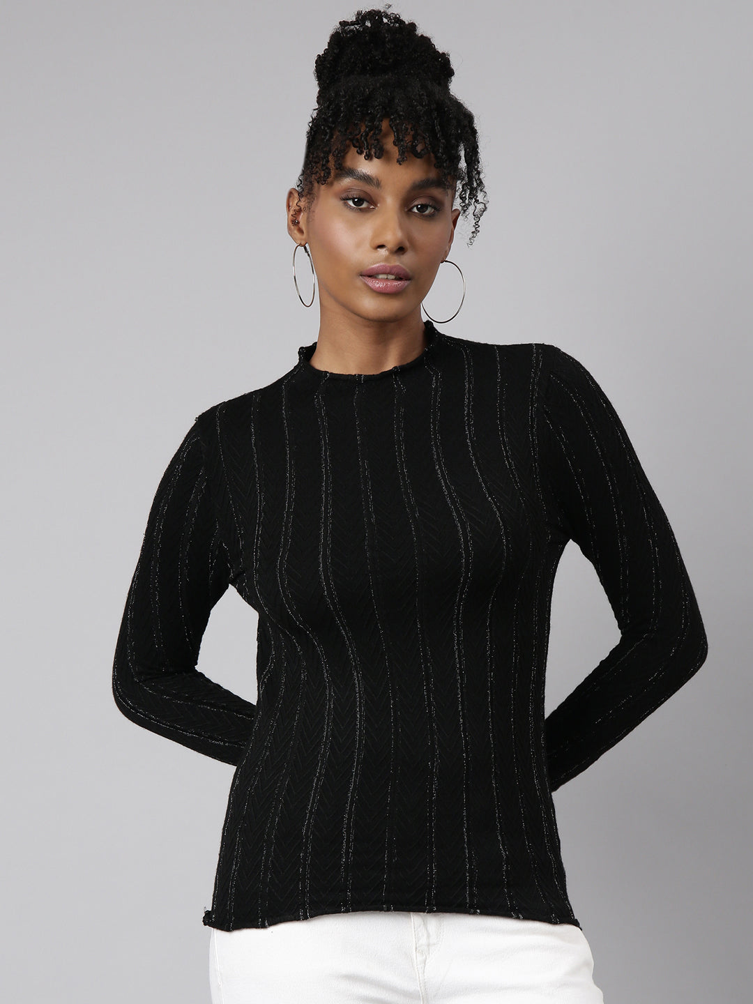 Women Black Vertical Stripes Fitted Top