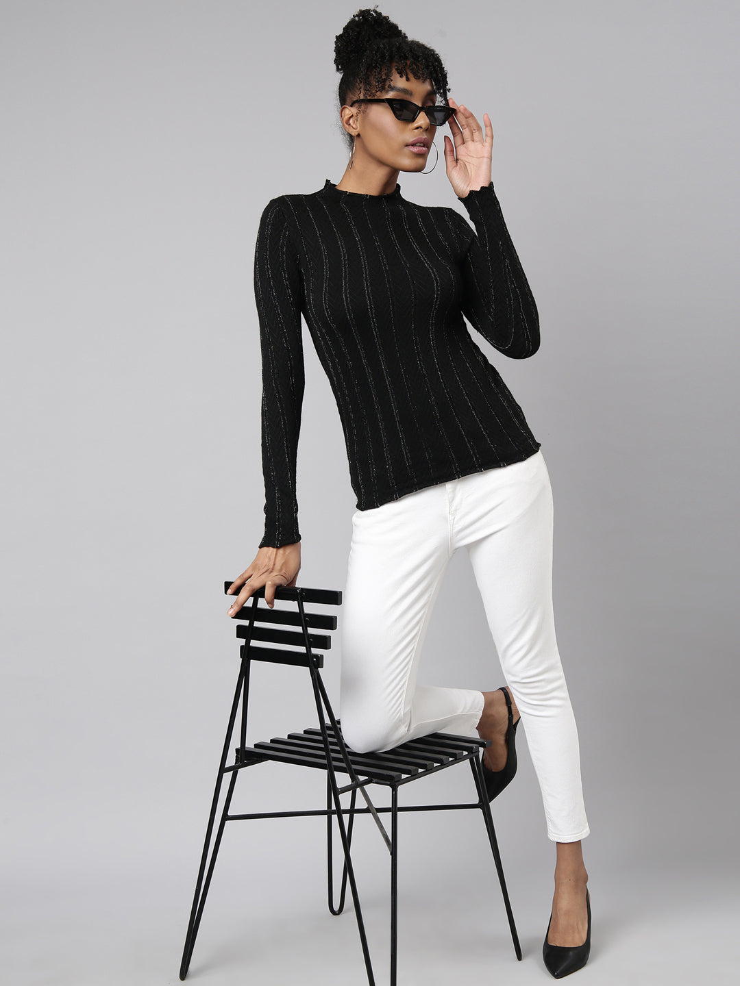 Women Black Vertical Stripes Fitted Top