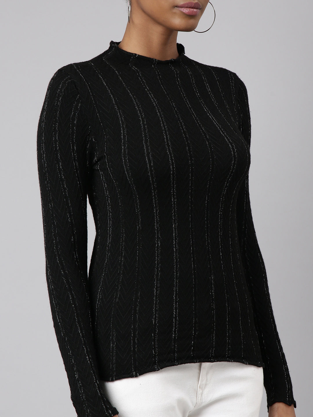 Women Black Vertical Stripes Fitted Top