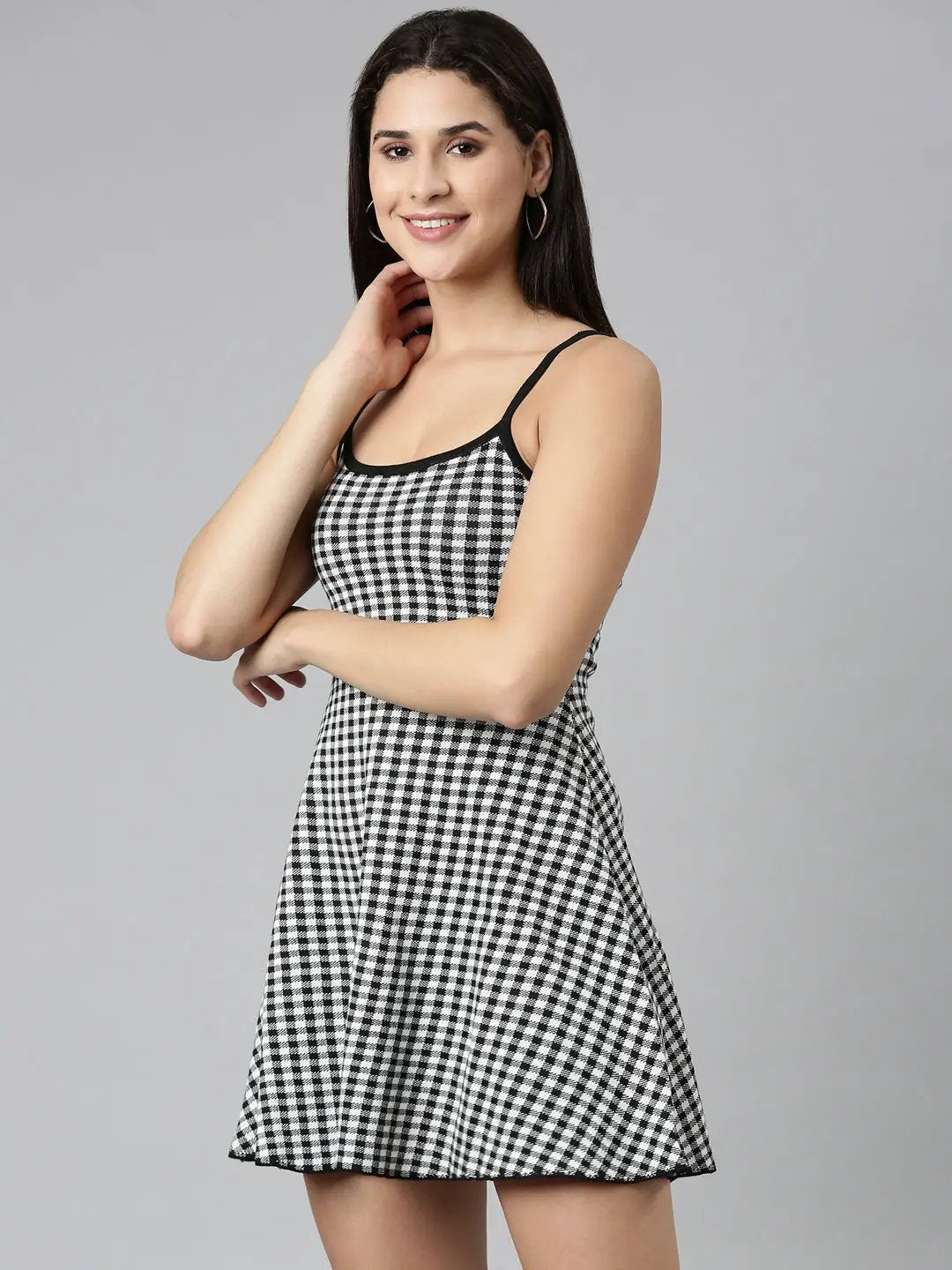 Women's White Checked A-Line Dress