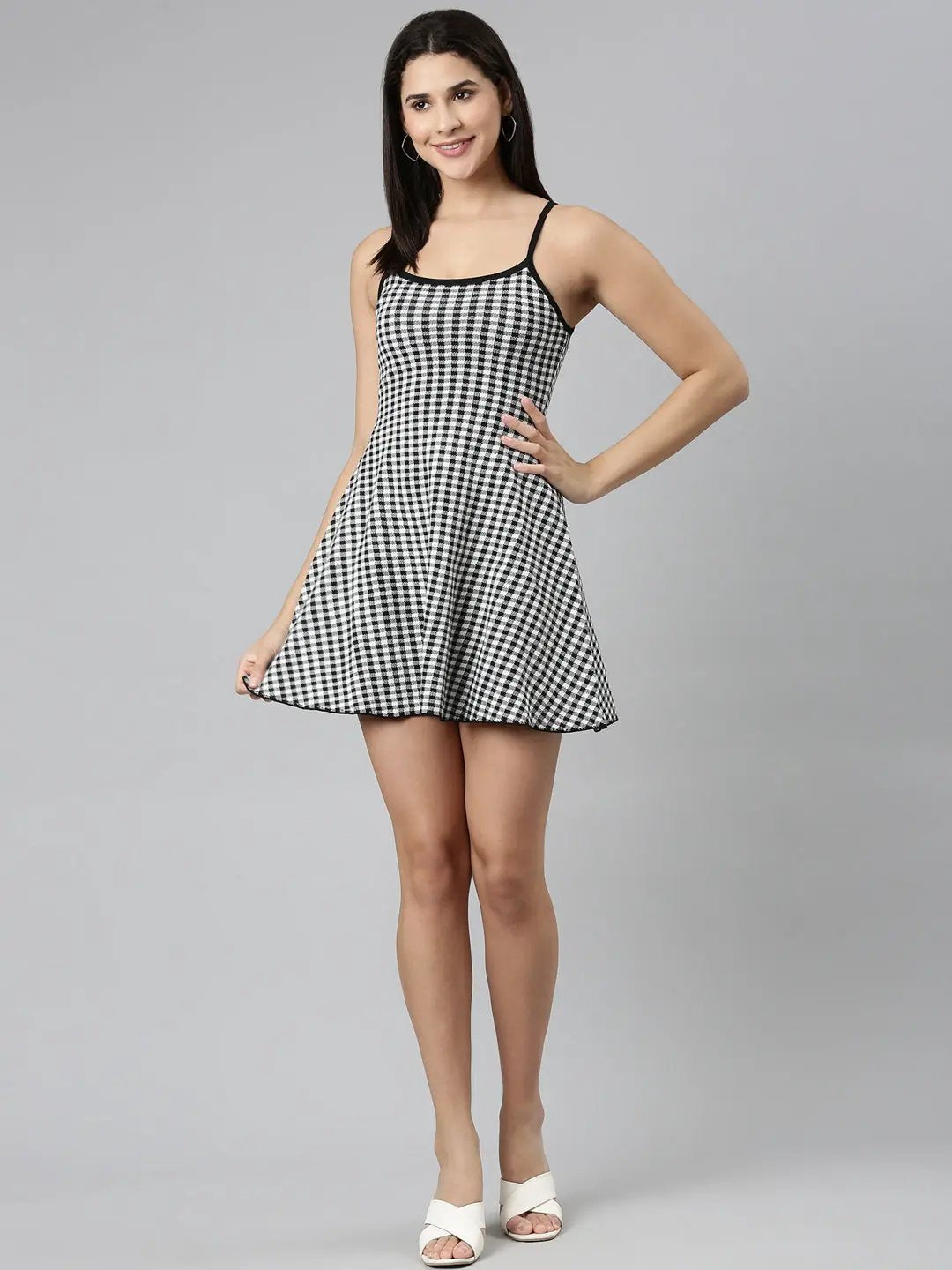 Women's White Checked A-Line Dress