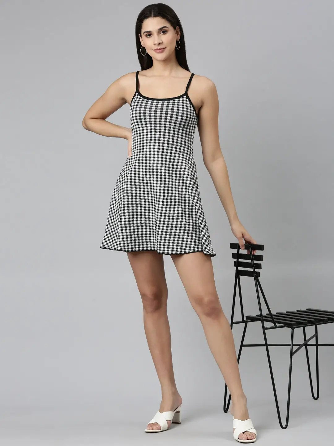 Women's White Checked A-Line Dress
