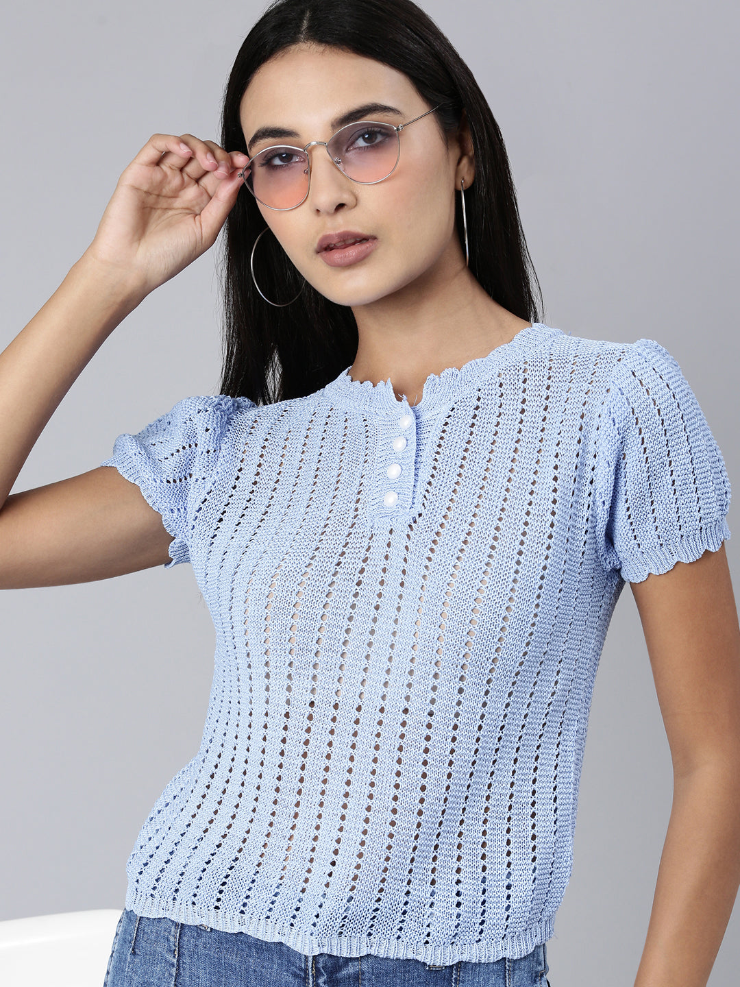 Women Blue Textured Crop Top