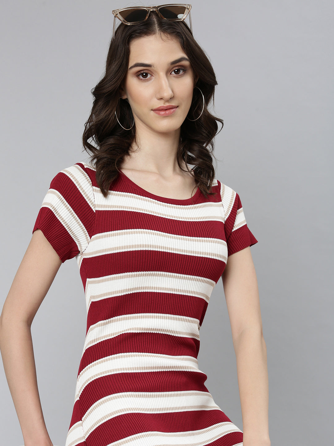 Women Maroon Striped Bodycon Dress